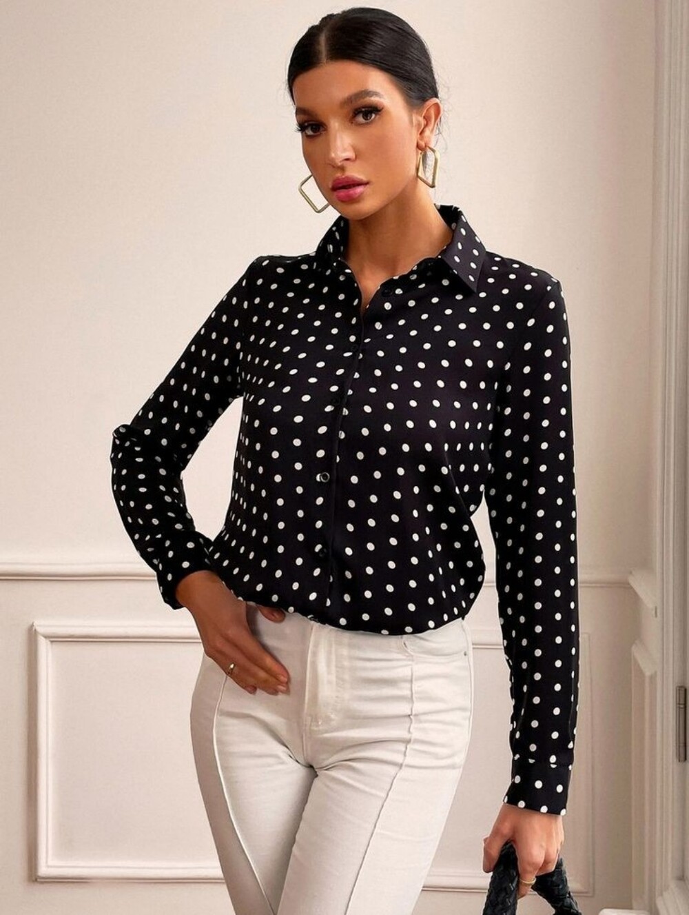 Karen Scott Black and White Polka Dot Button-Down Shirt 100% Polyester